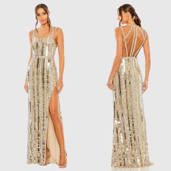 MAC DUGGAL Gold and Silver Halter Neck Embellished Detailed Back Gown US10 $698 - Picture 1 of 12